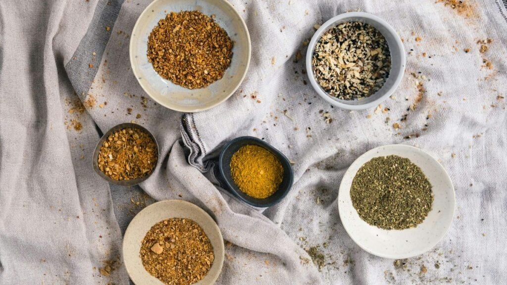 Bowls of dry flavour and spice powders, for an encapsulated flavour powder supplier in India